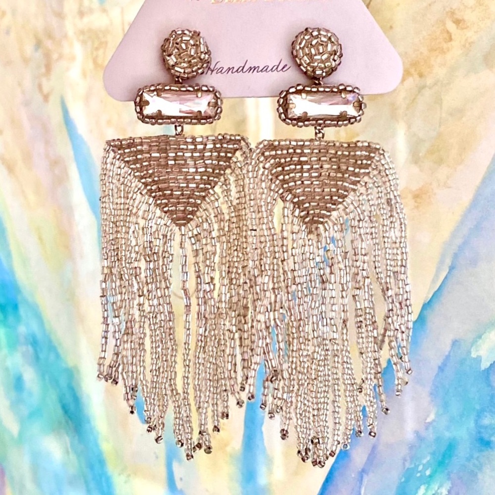 πΊπNWTππΊ Anthropologie Deepa Silver Beaded Fringe Chandeliers - Picture 3 of 16